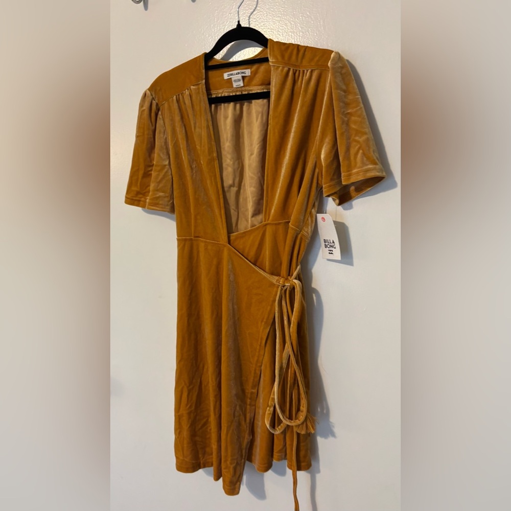 Billabong Women's Velvet Wrap Mini Dress in Mustard - Picture 2 of 8